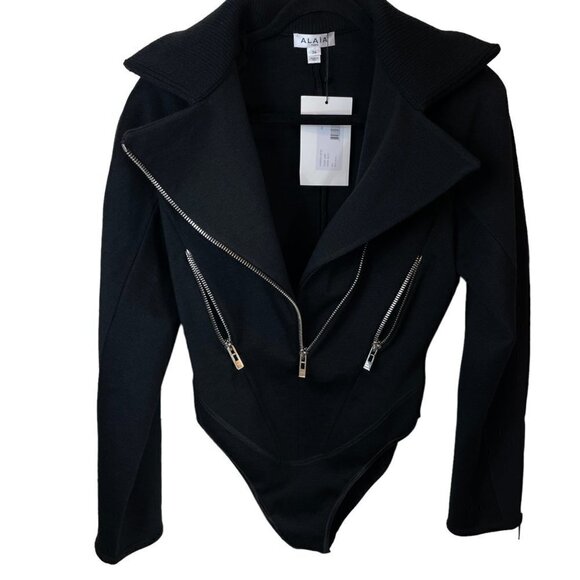 NWT ALAIA Wool Blend Knit Asymmetric Zip Biker Bodysuit Noir Black 36 (US 4) - Picture 10 of 12
